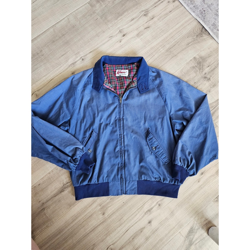 Vintage Wiman Harrington Jacket Blue Plaid Lined Bomber Made in USA Mens Large